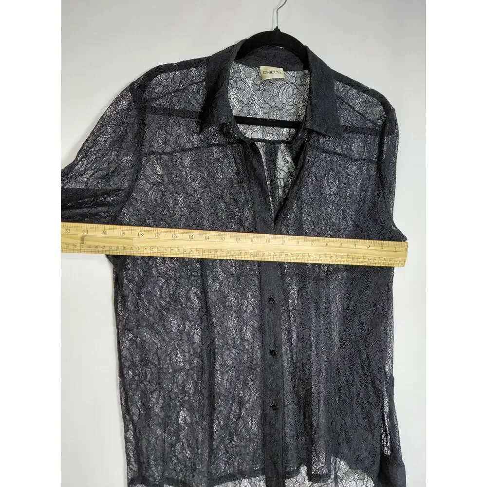 Chico's Sheer Floral Lace Long Sleeve Button Blouse Women See Measurements